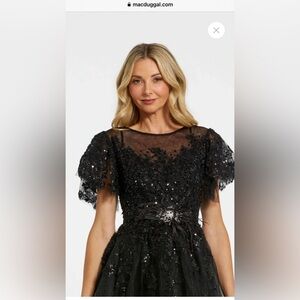 Mac Duggal, Embellished Flutter Sleeve Bow Waist A Line Dress; Size 12; Black